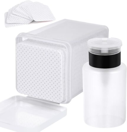 200 Pieces Nail Cotton Pads,1 Pull-Down Pump Dispenser Bottle, Super Absorbent Soft Non-Woven Eyelash Glue Wipes, Nail Polish dehumidifier for Eyelash Extension Products and Nail Oil Bottle (White)