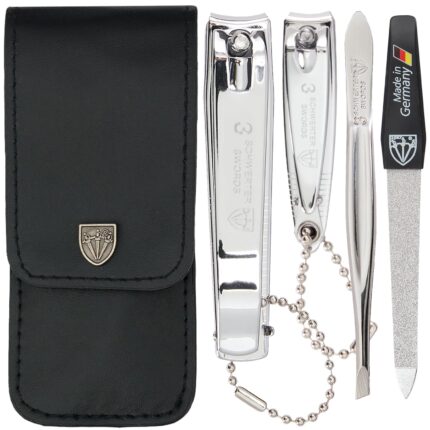 3 Swords Germany - Brand Quality 4 Piece Manicure Pedicure Grooming kit Set for Professional Finger & Toe Nail Care Tweezers File Clipper Fashion Leather case in Gift Box, Made by 3 Swords (77211)
