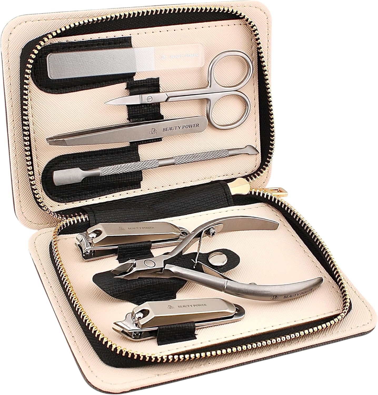 7-in-1 Stainless Steel Manicure Pedicure Set - Gray Gift Idea Beauty Power Manicure Pedicure Set 7-in-1 Stainless Steel, Ultra Sharp, Slanted Nail Clipper, Fingernail Clipper, Cuticle Nipper, Glass Nail File, Eyebrow Tweezers, Scissors, Case - Gift Idea - Gray