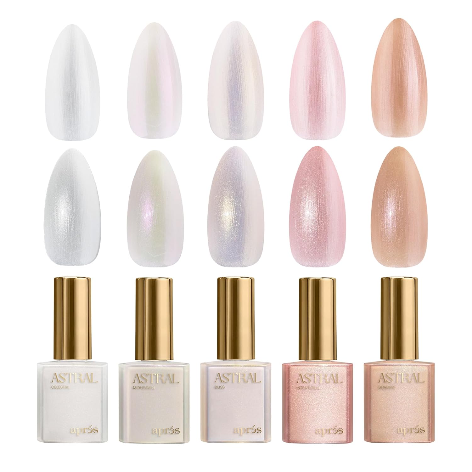APRÉS Astral Gel Color Set: 5 Streak-Free HEMA-Free Polishes APRÉS Astral Gel Color Set of 5, Streak-Free Self-Leveling Nail Polish with Brush-X Nail Art Brush 15 ml, HEMA-Free TPO-Free (Pearlescent (Set 1))