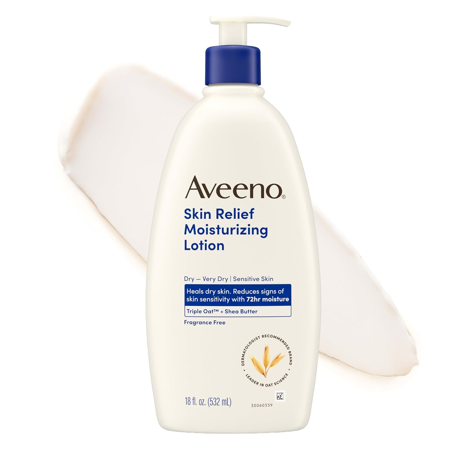 Aveeno Skin Relief Lotion: Fast-Absorbing, Soothing for Sensitive Skin Aveeno Skin Relief Moisturizing Body Lotion Heals Very Dry, Sensitive Skin, Fast Absorbing Lotion with Soothing Triple Oat & Shea Butter Formula, Fragrance Free Lotion, Non-Comedogenic, 18 Fl Oz