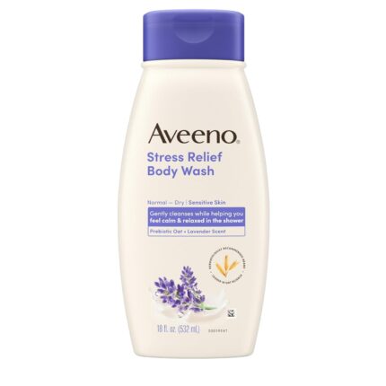 Aveeno Stress Relief Body Wash with Nourishing Oat & Lavender Scent for Sensitive Skin, Gently Cleanses & Helps You Feel Calm & Relaxed in the Shower, Soap-Free, 18 fl. oz