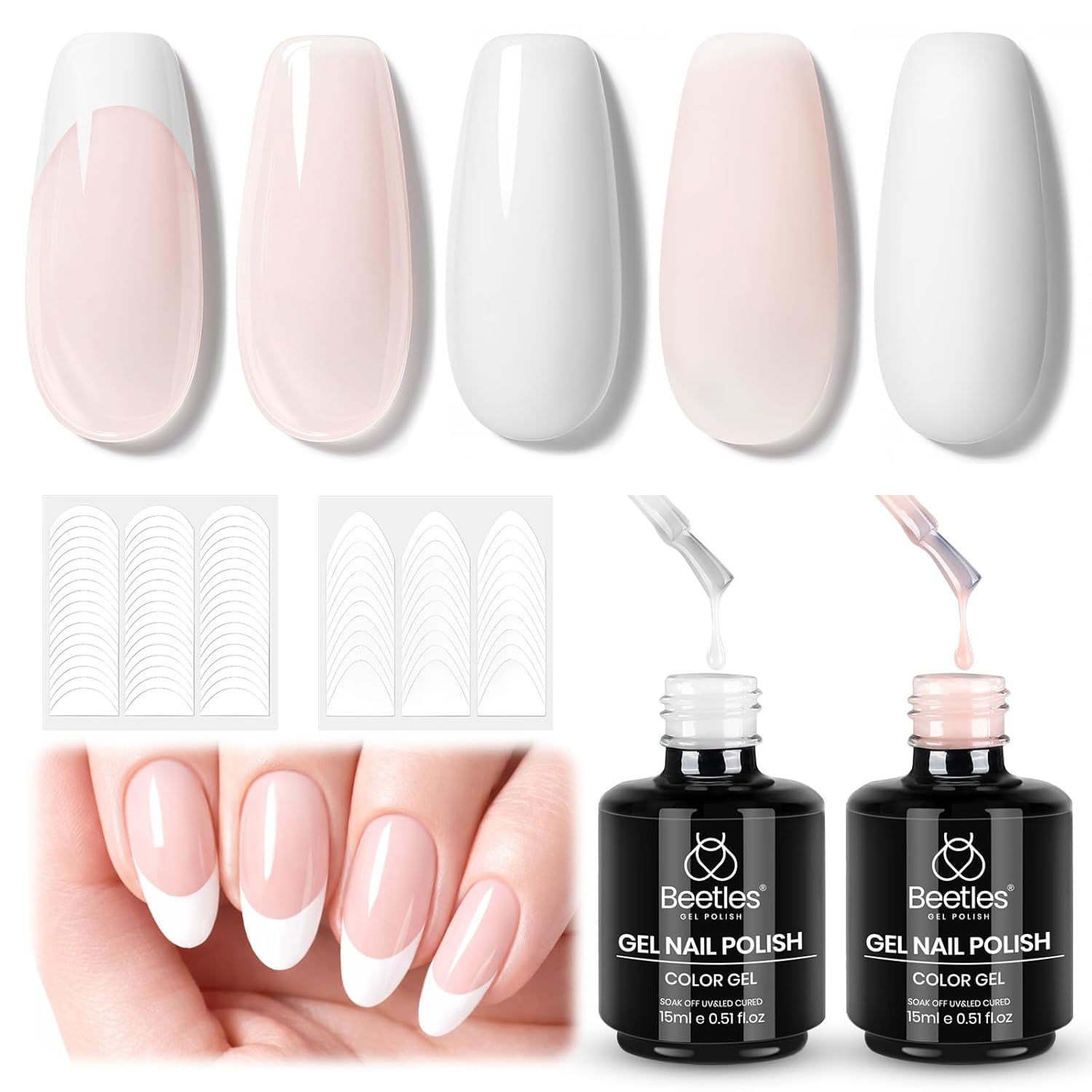 Beetles French Tip Gel Polish Set: DIY Manicure Kit for Beetles French Tip Gel Polish Set - White Nude Pink French Manicure Kit with 2 Nail Art Sticker, Soak Off UV LED for DIY Home & Salon Gift for Women
