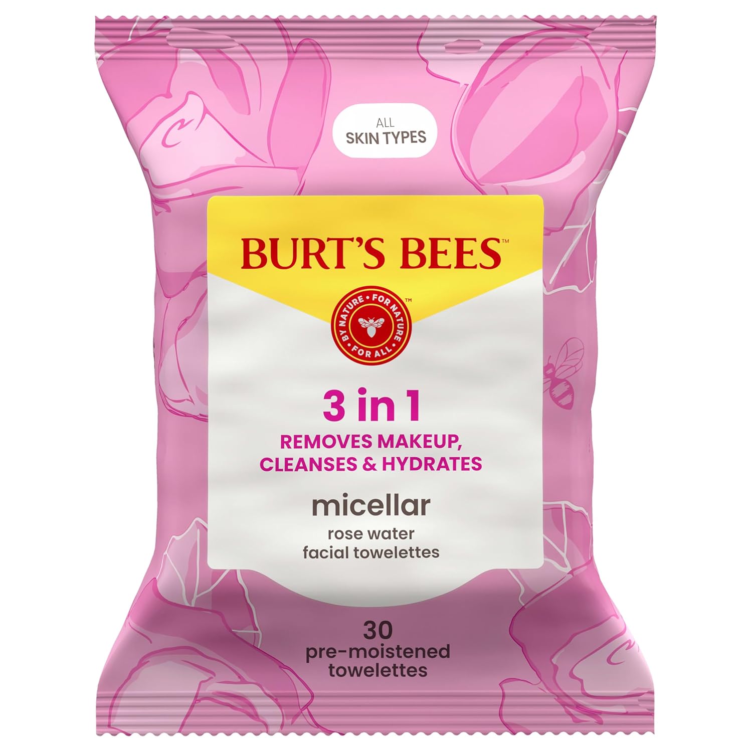 Burt's Bees Micellar Rose Water Towelette: Cleanse and Hydrate. Burt’s Bees Micellar Rose Water Facial Towelettes, 100% Plant Based Cloth; 99% Natural Origin; Remove Makeup, Cleanse, Hydrate; No Greasy, Oily Residue; All Skin Types (Pack May Vary)
