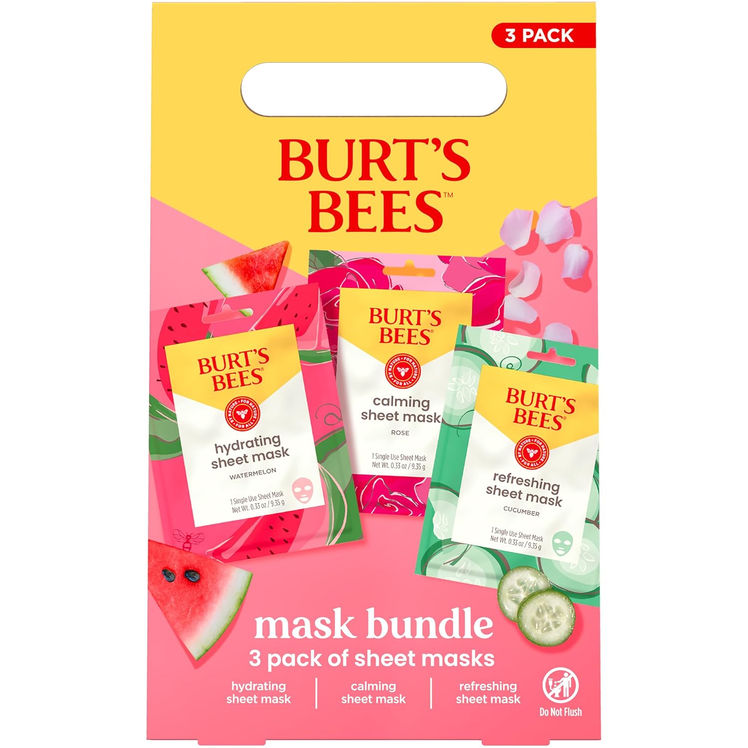 Burt's Bees Mother's Day Face Mask Bundle: Hydrating & Calming Burt's Bees Mothers Day Gifts, Face Mask Bundle Set, Hydrating Watermelon, Calming Rose, & Refreshing Cucumber, Face Sheet Masks for Single Use Skin Care, 99% Natural Origin, 3 Count, 0.33oz Each
