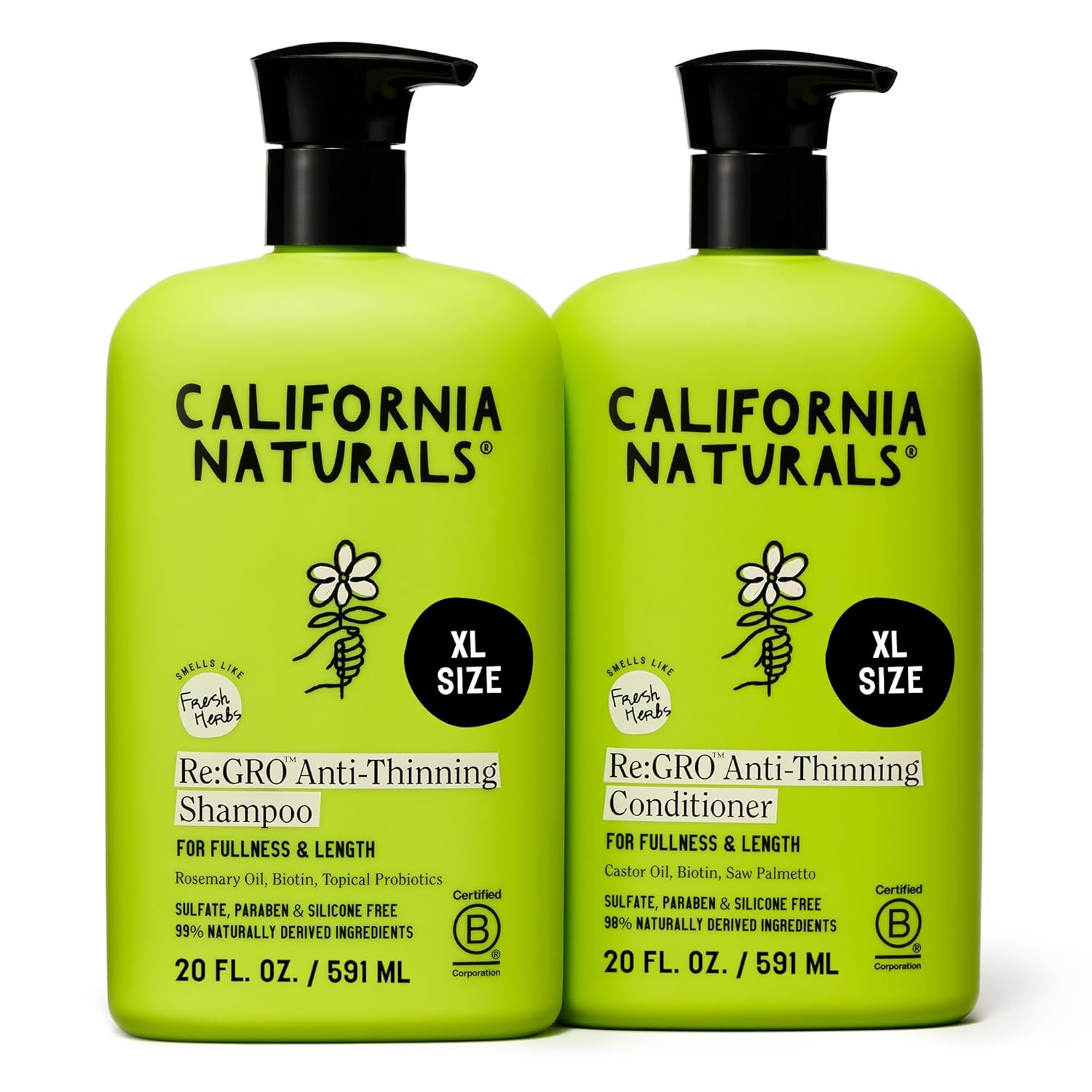 California Naturals Anti-Thinning Shampoo & Conditioner Set for All. California Naturals Re:GRO Anti-Thinning Shampoo & Conditioner Set, Biotin, Caffeine & Rosemary Oil, Hair Loss & Thinning Support for Women and Men, Sulfate Free, 20 fl oz