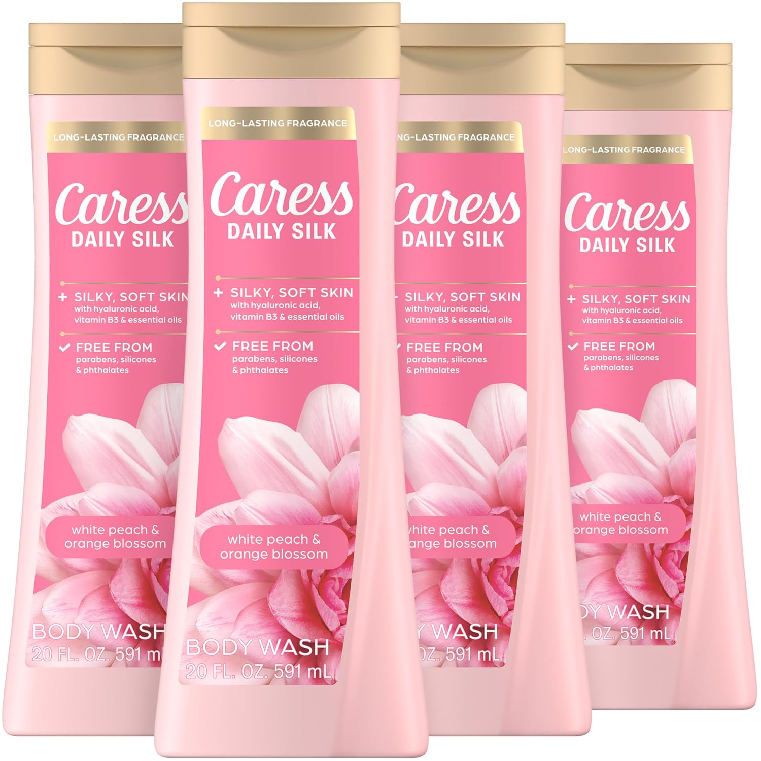 Caress Daily Silk Body Wash: Peach & Orange Blossom, 4 Caress Body Wash for Women, Daily Silk White Peach & Orange Blossom, Shower Gel Body Wash Moisturizing for Noticeably Silky, Soft Skin, 20 fl oz, 4 Pack
