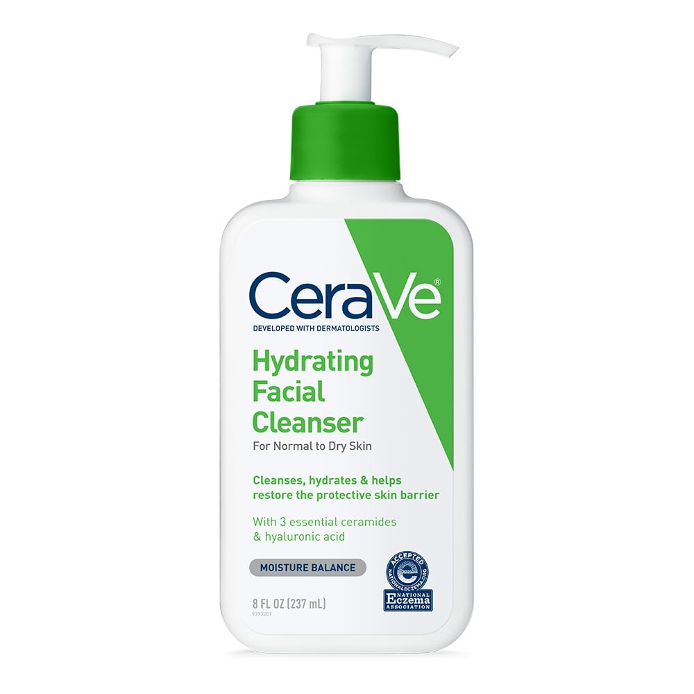 CeraVe Hydrating Cleanser for Dry Skin with Ceramides, 8oz CeraVe Hydrating Facial Cleanser, Moisturizing Face Wash For Dry Skin, Hyaluronic Acid + Ceramides + Glycerin, Hydrating Cleanser For Normal To Dry Skin, National Eczema Association Certified, 8oz
