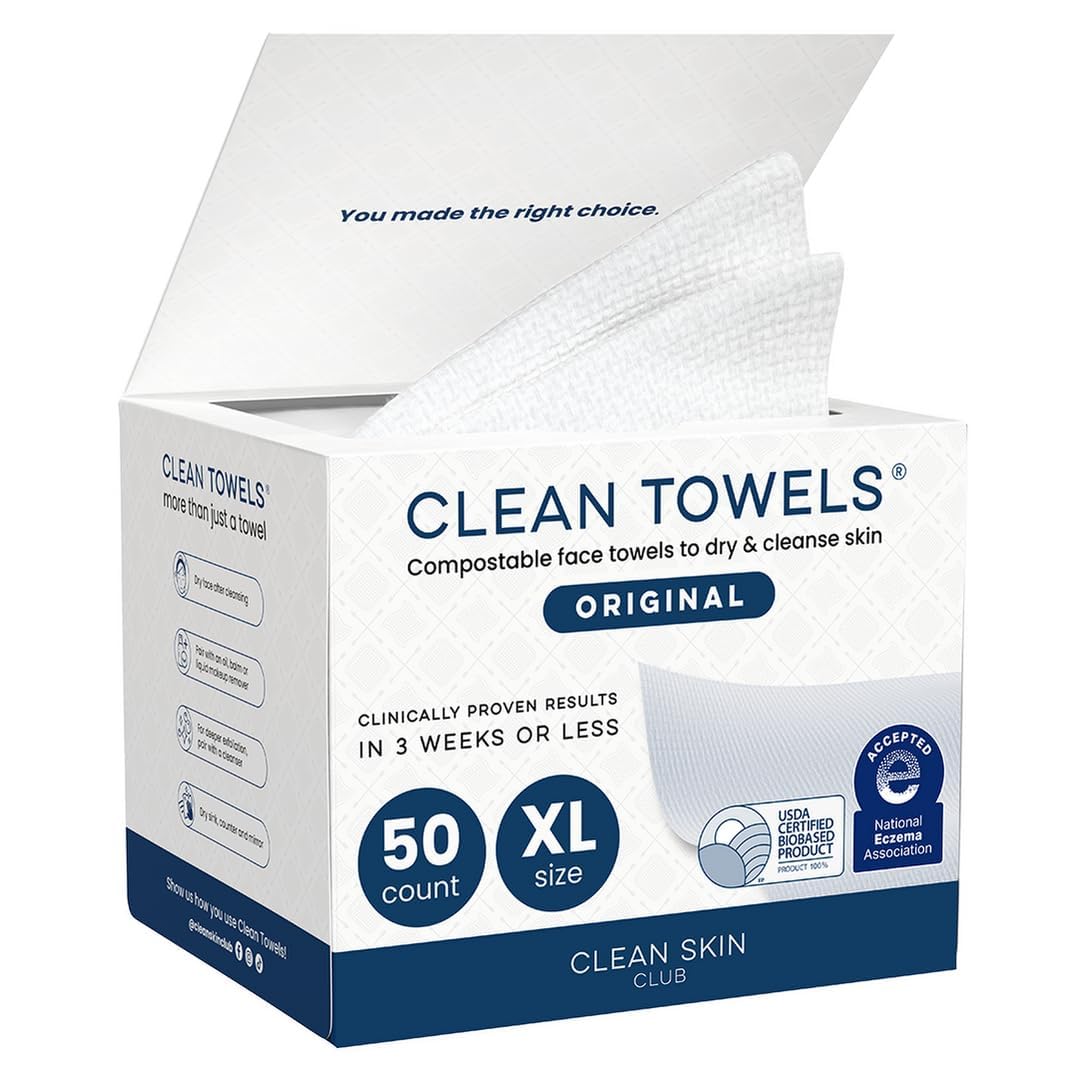 Clean Skin Club XL Face Towels: 100% Biobased, Eczema-Friendly Clean Skin Club Clean Towels XL®, 100% USDA Biobased Face Towel, Disposable Face Towelette, Eczema Association Accepted, Makeup Remover Dry Wipes, Ultra Soft, 1 Pack, 50 Ct