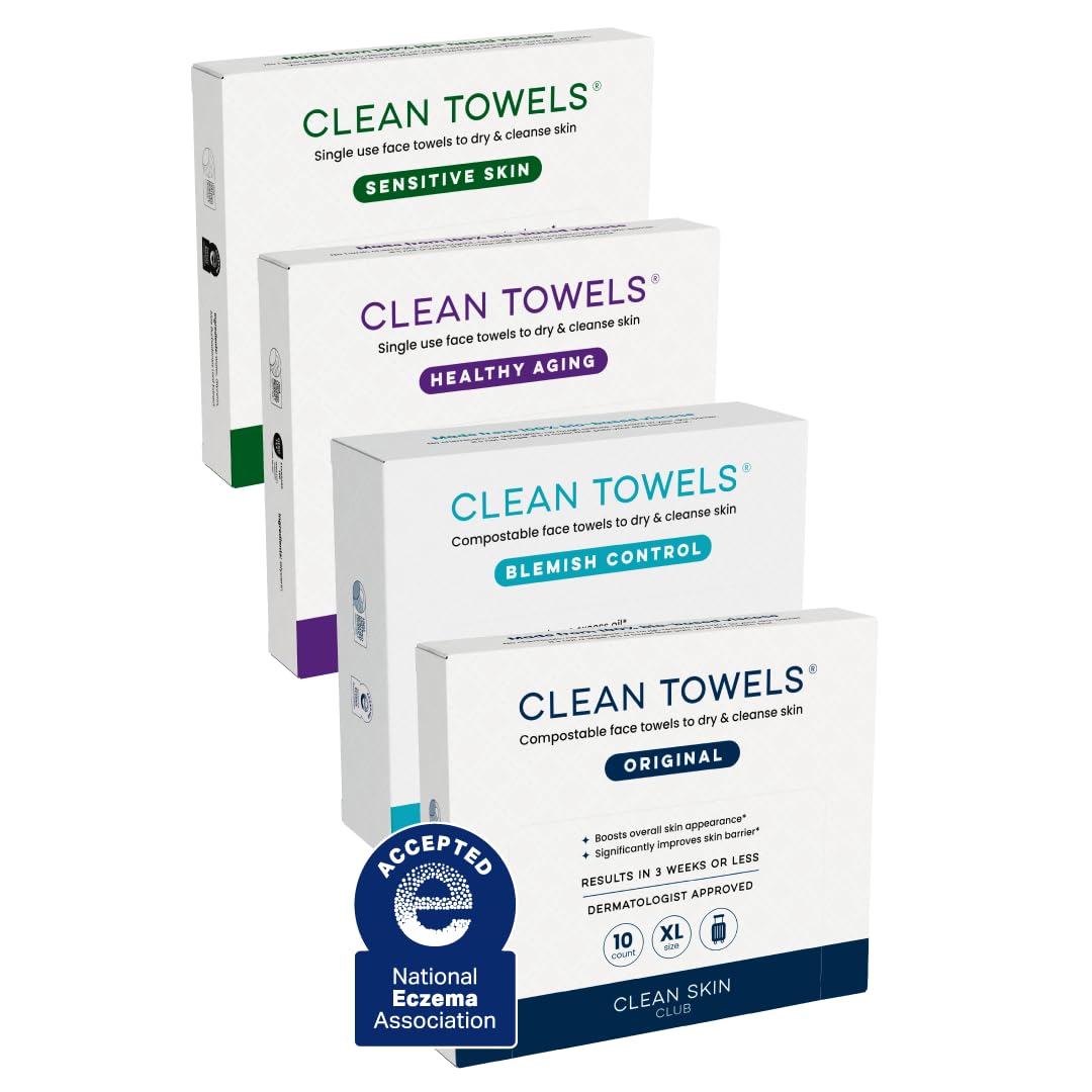 Clean Skin Club XL Travel Towel Set: 4 Varieties, 40 Clean Skin Club Clean Towels® XL Variety 4-Pack Travel Set, Disposable Face Towels, Includes Original, Sensitive, Blemish Control & Healthy Aging, 40 Count Total, 10 Each