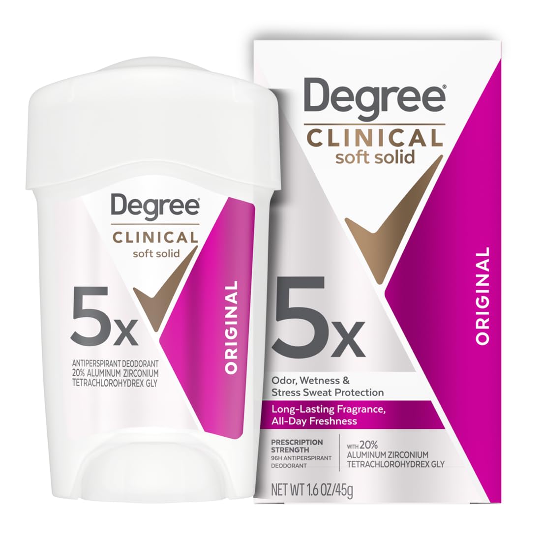 Degree Clinical Strength Deodorant: 96-Hour Sweat and Odor Defense Degree Clinical Strength Antiperspirant Deodorant Original Soft Solid 96-Hour Sweat and Odor Protection 5x Types of Sweat 1.6 oz