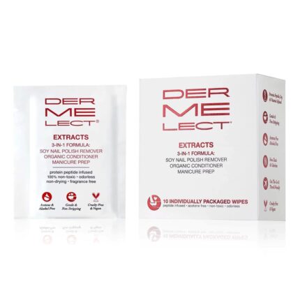 Dermelect Extracts 3-in-1 Soy Nail Polish Remover Wipes (10 Pack) – Award-Winning, Scentless, Acetone-Free, Non-Toxic Formula with Protein Peptides, Organic Soy & Jojoba Oil