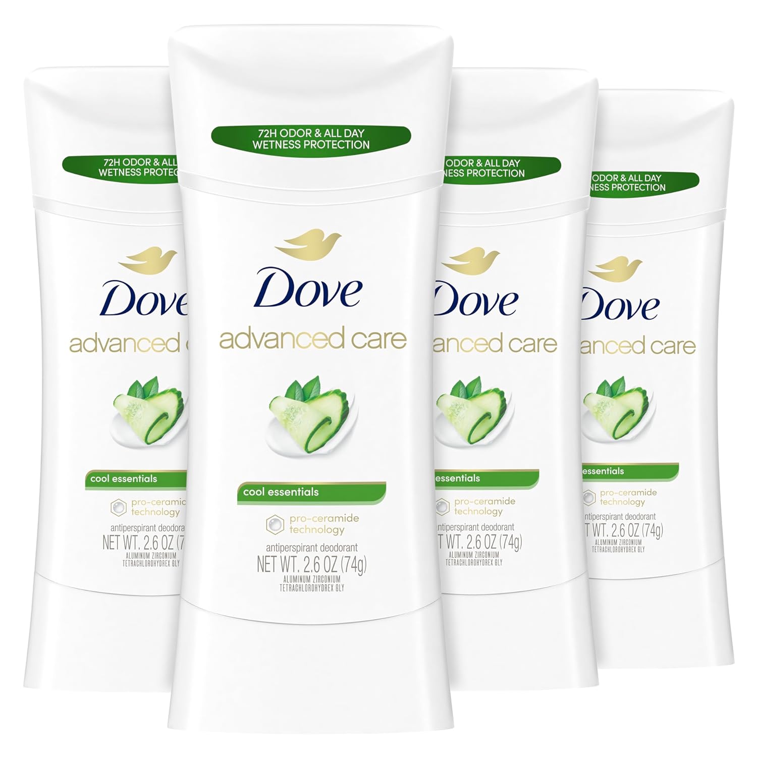 Dove Advanced Care Stick: 72-Hour Odor Control & Repair. Dove Advanced Care Antiperspirant Deodorant Stick Cool Essentials 4 ct for helping your skin barrier repair after shaving 72 hour odor control and sweat protection with Pro Ceramide Technology 2.6 oz