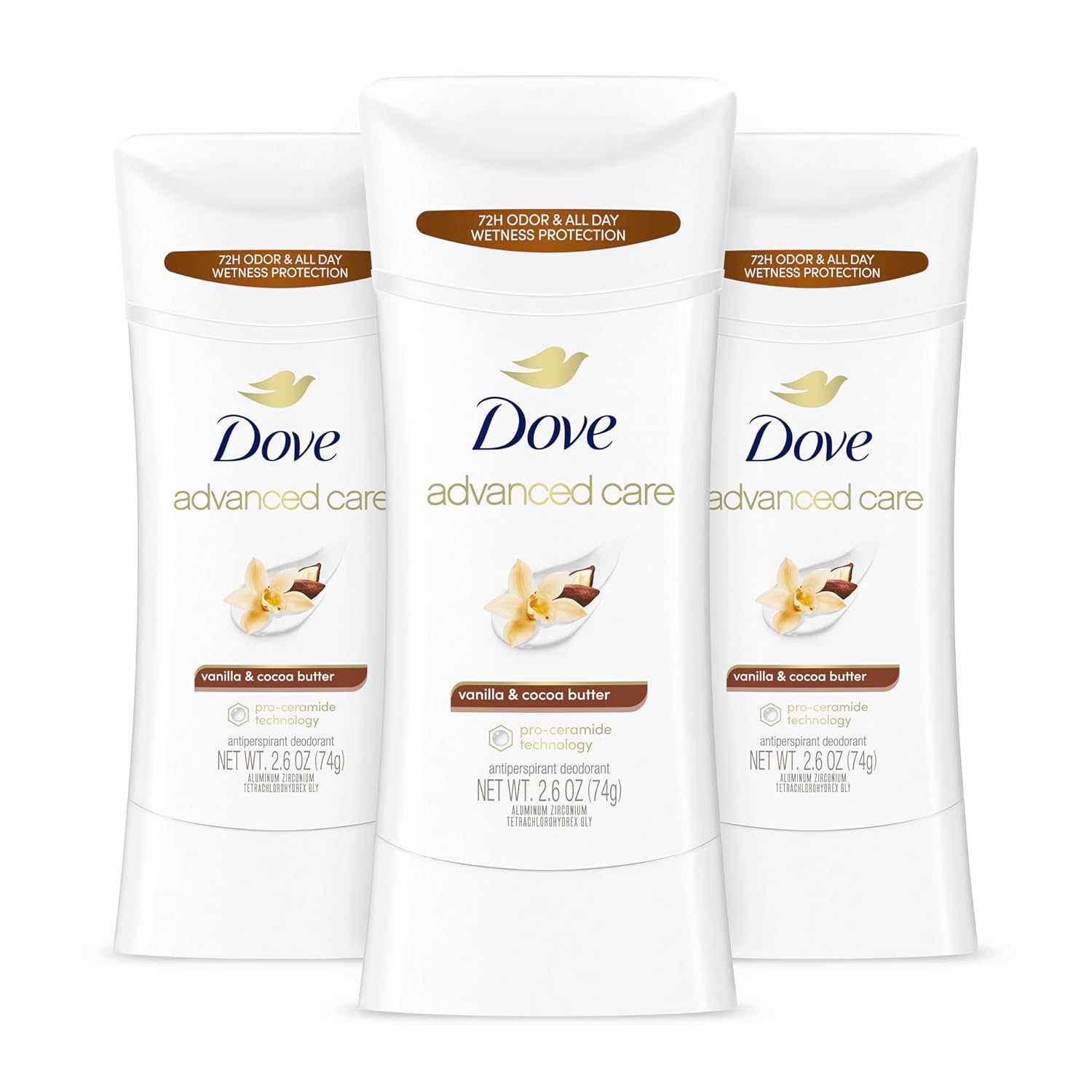 Dove Antiperspirant Stick: Vanilla & Cocoa Butter, 72-Hour Protection Dove Advanced Care Antiperspirant Deodorant Stick Vanilla & Cocoa Butter 3 Count Antiperspirant deodorant with Pro-Ceramide Technology 72-hour odor control and all-day sweat protection 2.6 oz