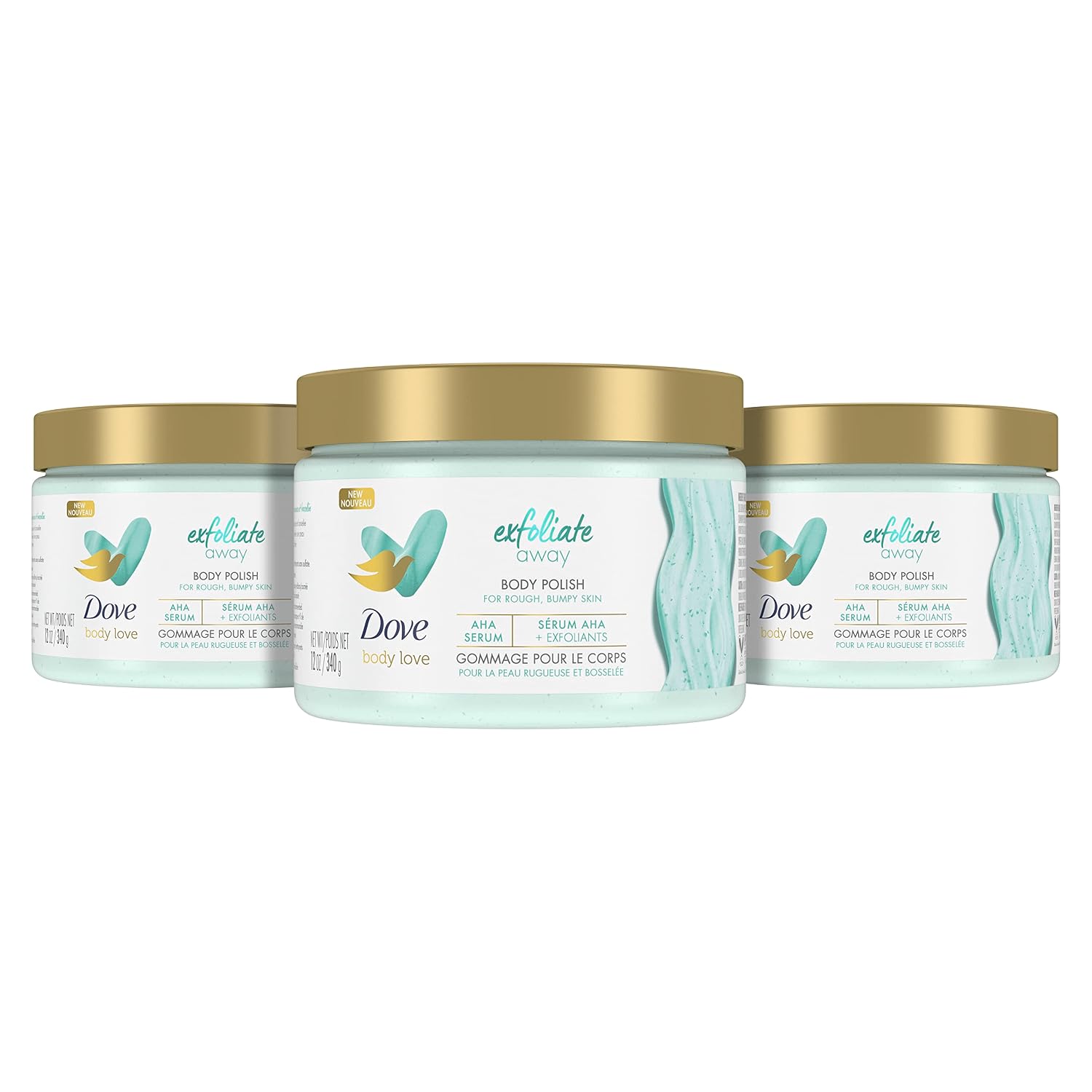 Dove Body Love Exfoliating Polish for Smooth Skin, 3 Count Dove Body Love Body Polish Exfoliate Away 3 Count for Rough, Bumpy Skin Body Scrub with AHAs for Silky Smooth Skin 12 oz