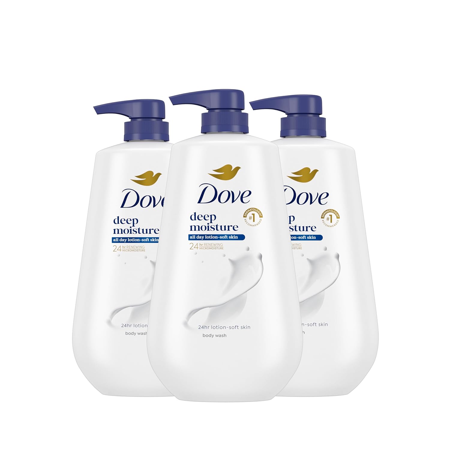 Dove Body Wash Pump 3-Pack: 24HR Moisture, Sulfate-Free Dove Body Wash with Pump 3 Count Deep Moisture for 24hr Lotion-Soft Skin Moisture Moisturizing Skin Cleanser with No Sulfates No Parabens