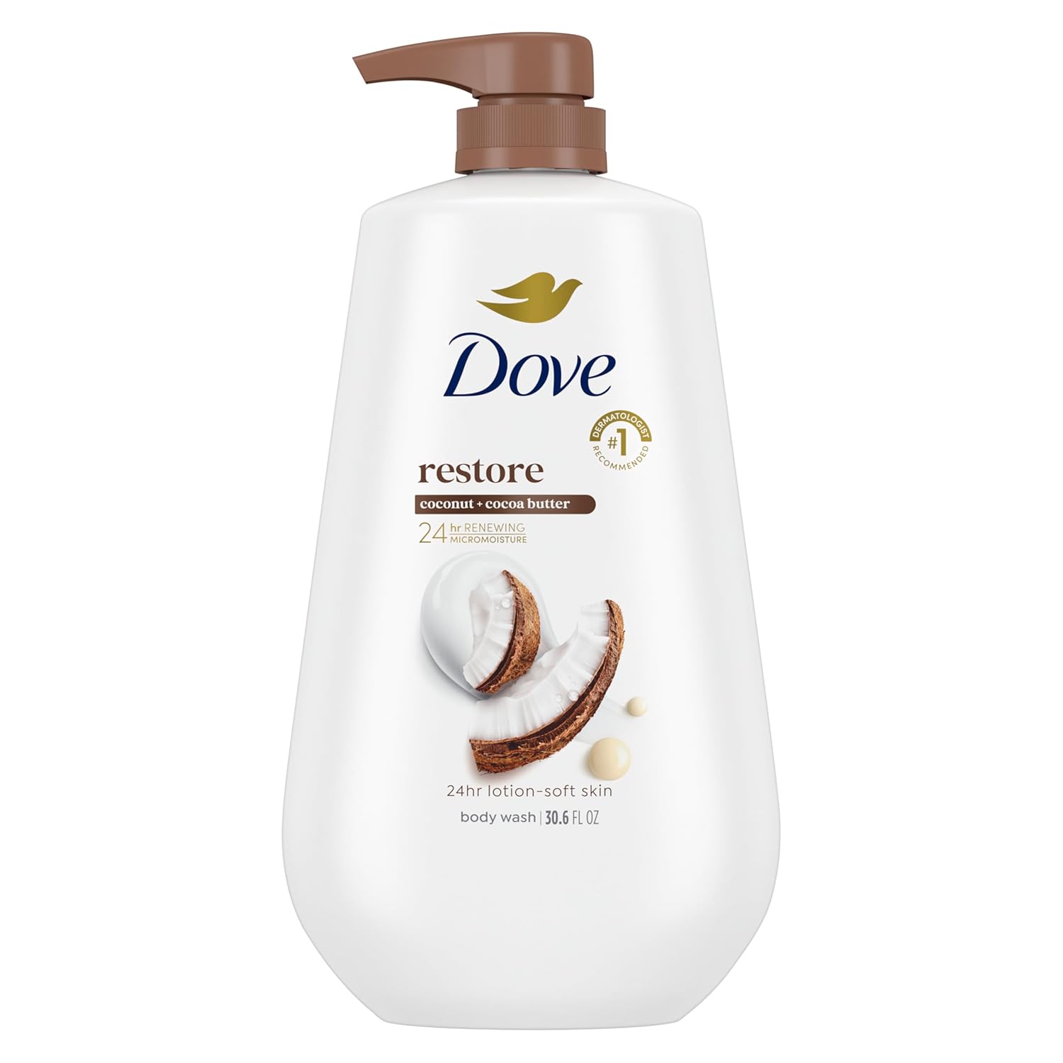 Dove Coconut & Cocoa Body Wash: 24-Hour Moisture & Softness Dove 24hr Lotion Body Wash Restore Coconut & Cocoa Butter, 30.6 oz | Moisturizing body wash with MicroMoisture for 24-hour hydration and soft skin