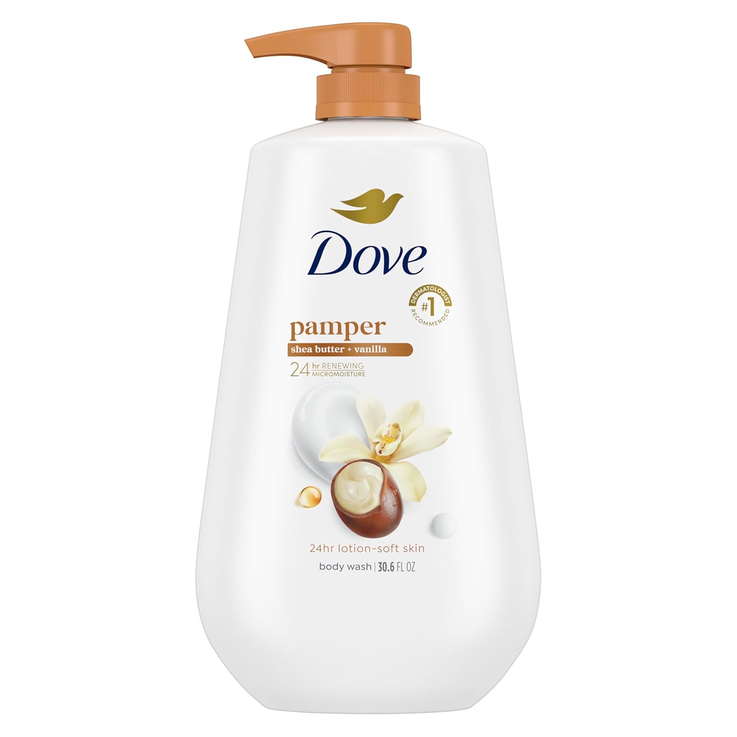 Dove Moisturizing Body Wash with Shea Butter & Vanilla, 30.6 Dove 24hr Lotion Body Wash Pamper Shea Butter & Vanilla, 30.6 oz | Moisturizing body wash with MicroMoisture for 24-hour hydration and lotion-soft skin