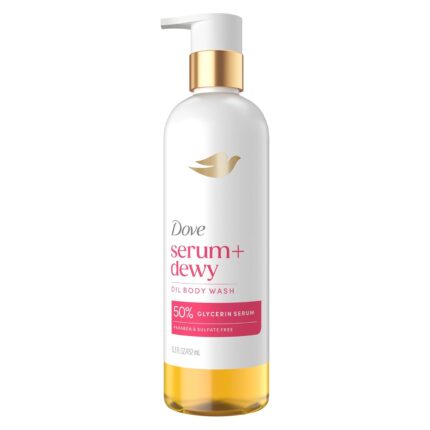 Dove Serum+ Shower Oil Body Wash Dewy, Coconut & Geranium Oil, 15.3 fl oz I Hydrating shower oil body wash with glycerin serum for soft, dewy skin without greasy residue