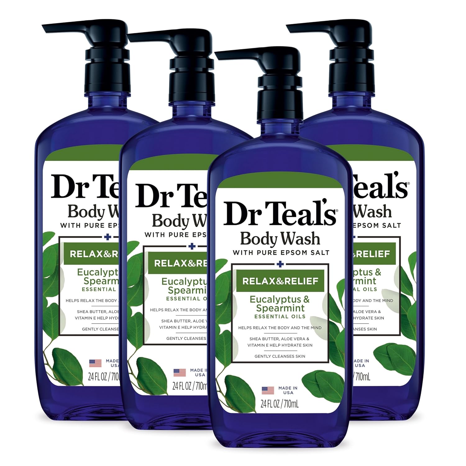 Dr Teal's Eucalyptus & Spearmint Body Wash with Epsom Salt, Dr Teal's Body Wash with Pure Epsom Salt, Relax & Relief with Eucalyptus & Spearmint, 24 fl oz (Pack of 4)