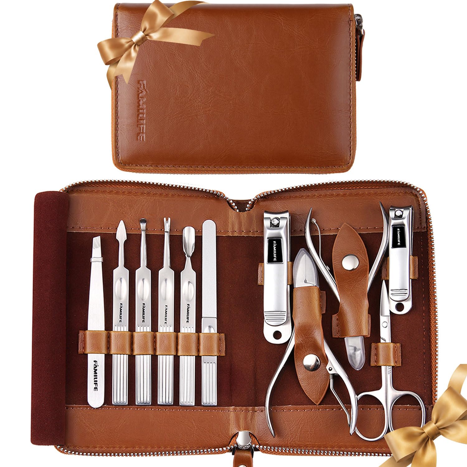 FAMILIFE 11-in-1 Manicure Set: Professional Grooming Kit for All FAMILIFE Manicure Set, 11 in 1 Professional Manicure Kit Nail Clippers Set, Stainless Steel Pedicure Tools Toe Nail Kit, Men Grooming Tool with Portable Brown Leather Travel Case Gifts for Men Women