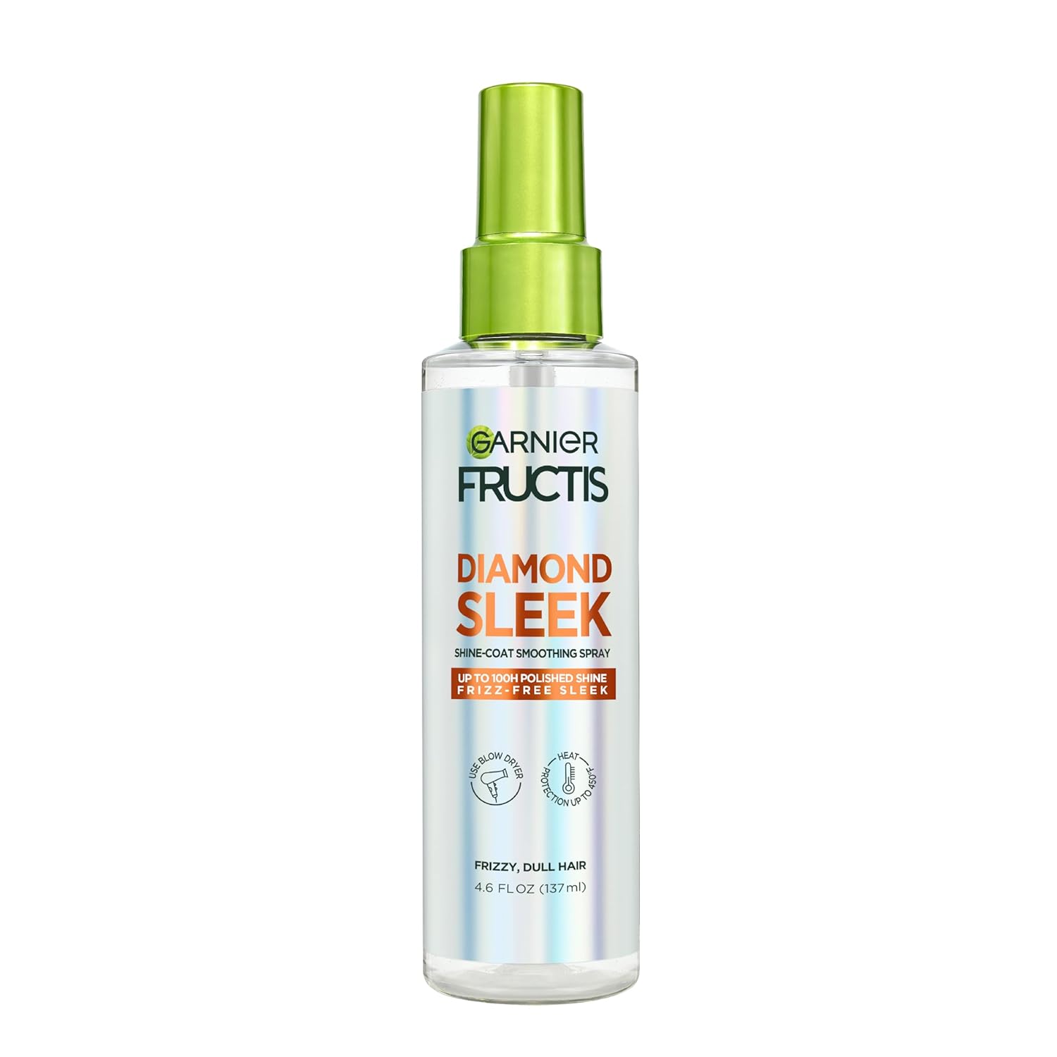 Garnier Fructis Diamond Sleek: Frizz Control & Heat Protection Spray Garnier Fructis Diamond Sleek Hair Shine Spray, Up to 100-Hour Frizz Control, Heat Protectant up to 450°F with Vegan Keratin Smoothing Complex and Argan Oil for Frizzy, Dry, Dull Hair, 4.6 Fl Oz
