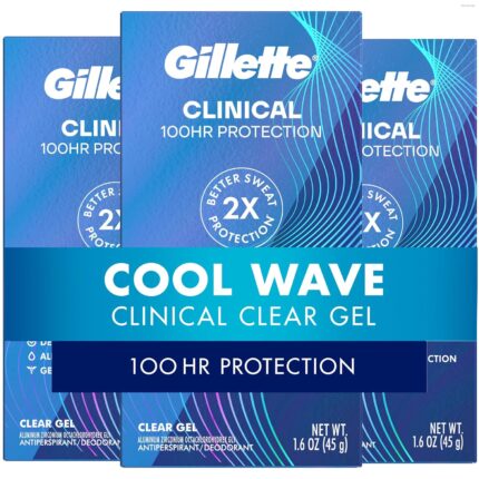 Gillette Clinical Antiperspirant and Deodorant for Men, 100HR Sweat & Odor Protection, Long Lasting Freshness, Anti-White Mark Technology, Clear Gel, Cool Wave Scent, 1.6 oz (Pack of 3)