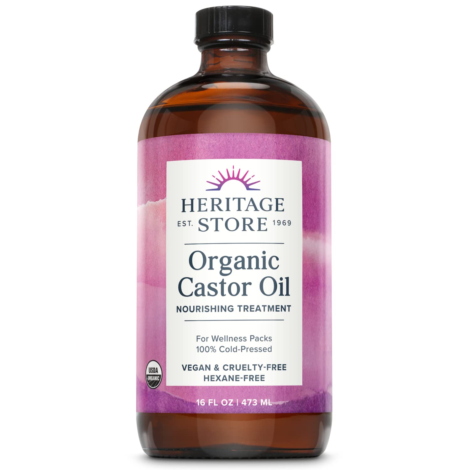 HERITAGE STORE Organic Castor Oil - Nourishing Hair & Skin HERITAGE STORE Organic Castor Oil - Glass Bottle - Nourishing Treatment for Hair and Skin - Eyelash Serum for Eyelashes, Brows, Castor Oil Packs - Cold Pressed, Hexane Free, Vegan 16oz