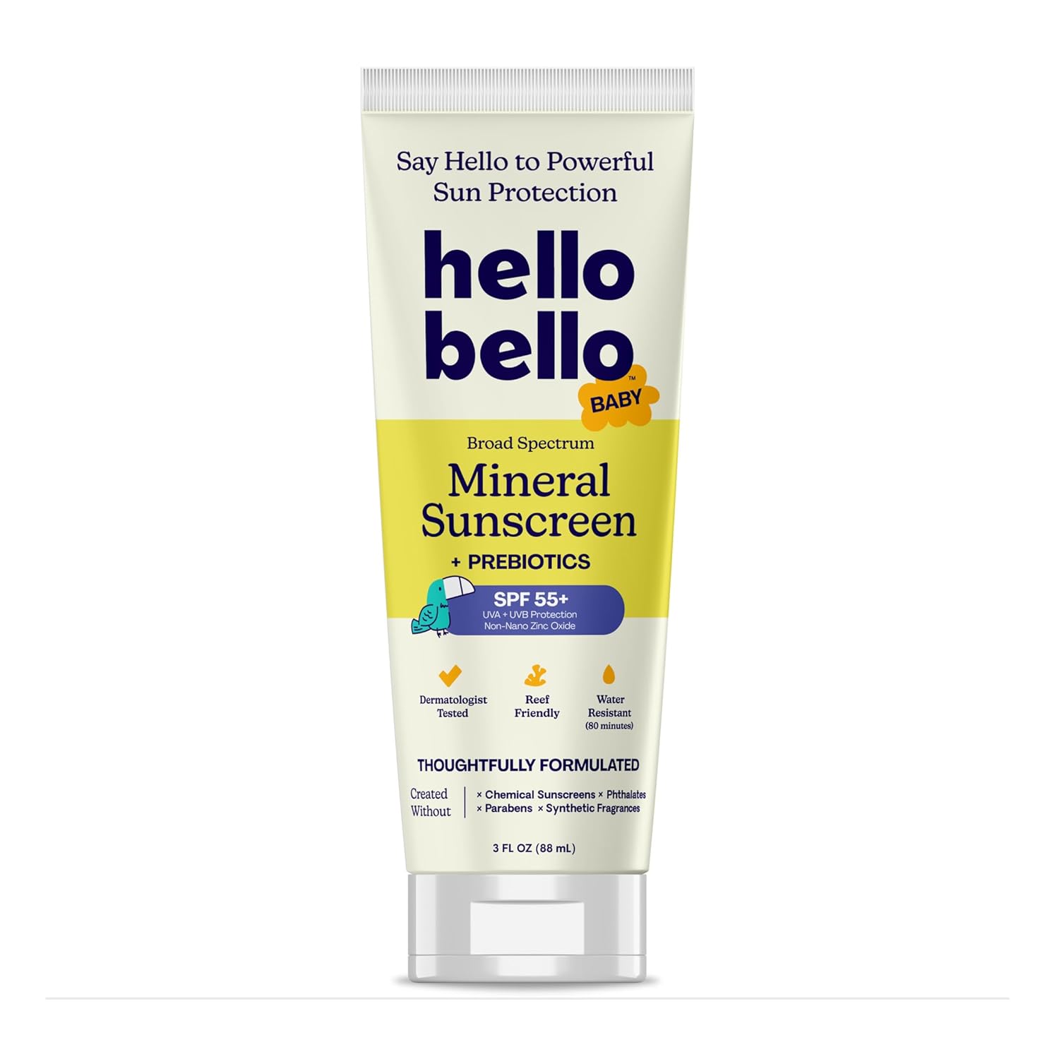 Hello Bello SPF 55 Sunscreen: Water-Resistant, Reef-Friendly for Kids Hello Bello Mineral SPF 55 Sunscreen Lotion with Prebiotics, Water Resistant and Reef Friendly Sun Protection for Babies and Kids, 3 fl oz (Pack of 1)