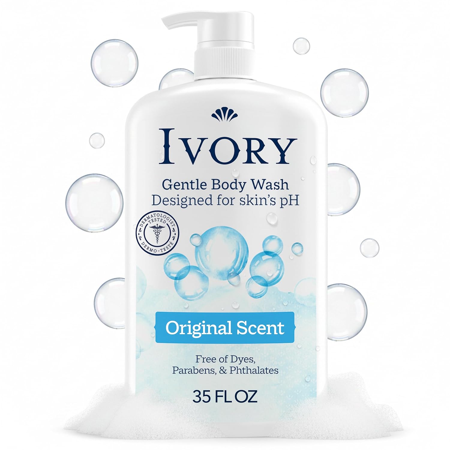 Ivory Body Wash: Gentle, Family-Friendly, Original Scent, 35 oz. Ivory Body Wash, Designed for the Whole Family, Gentle Formula, Free of Dyes Heavy Perfumes Parabens Phthalates & Silicones, for Sensitive Skin, Designed for Skin's pH, Original Scent, 35 oz
