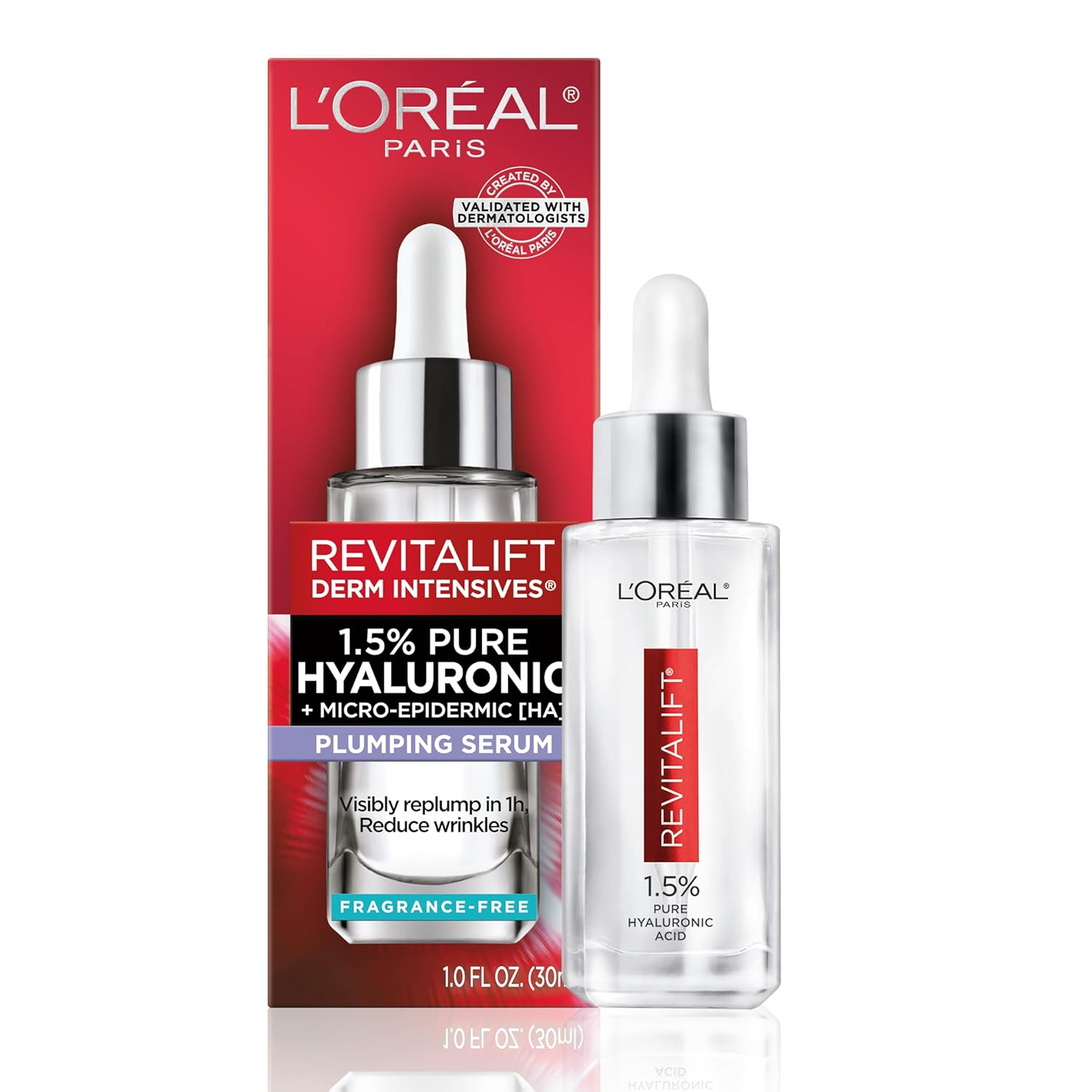 L’Oreal Revitalift 1.5% Hyaluronic Acid Serum: Hydrate & Anti-Aging. L'Oreal Paris Revitalift 1.5% Pure Hyaluronic Acid Serum for Face, Anti Aging Serum to Hydrate Skin & Reduce Wrinkles, Fragrance Free Skin Care for All Skin Types, 1 Oz