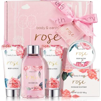 BODY & EARTH Spa Gift Set for Women - Luxurious 5 Pcs Bath and Body Box, Rose Scent, Includes Body Wash, Body Butter, Body Lotion and More, Birthday Mothers Day Gifts for Mom Self Care Kit for Her