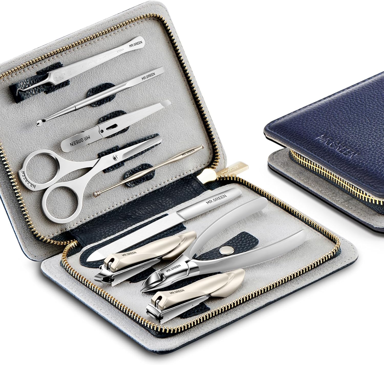 Luxury 9-in-1 Manicure Set in Leather Case MR.GREEN Innate Luxury Manicure Set Surgical Grade Scissors Stainless nail clipper Kit full grain cow leather package Pedicure (9 in 1 Manicure Set)