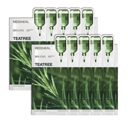 MEDIHEAL Essential Face Mask [Teatree] Calming Moisutre 10 pcs. with 99% Purity Teatree for Intensive Soothing, Deep Hydration - suitable for acne-prone skin - Vegan Formula Korean Sheet Mask