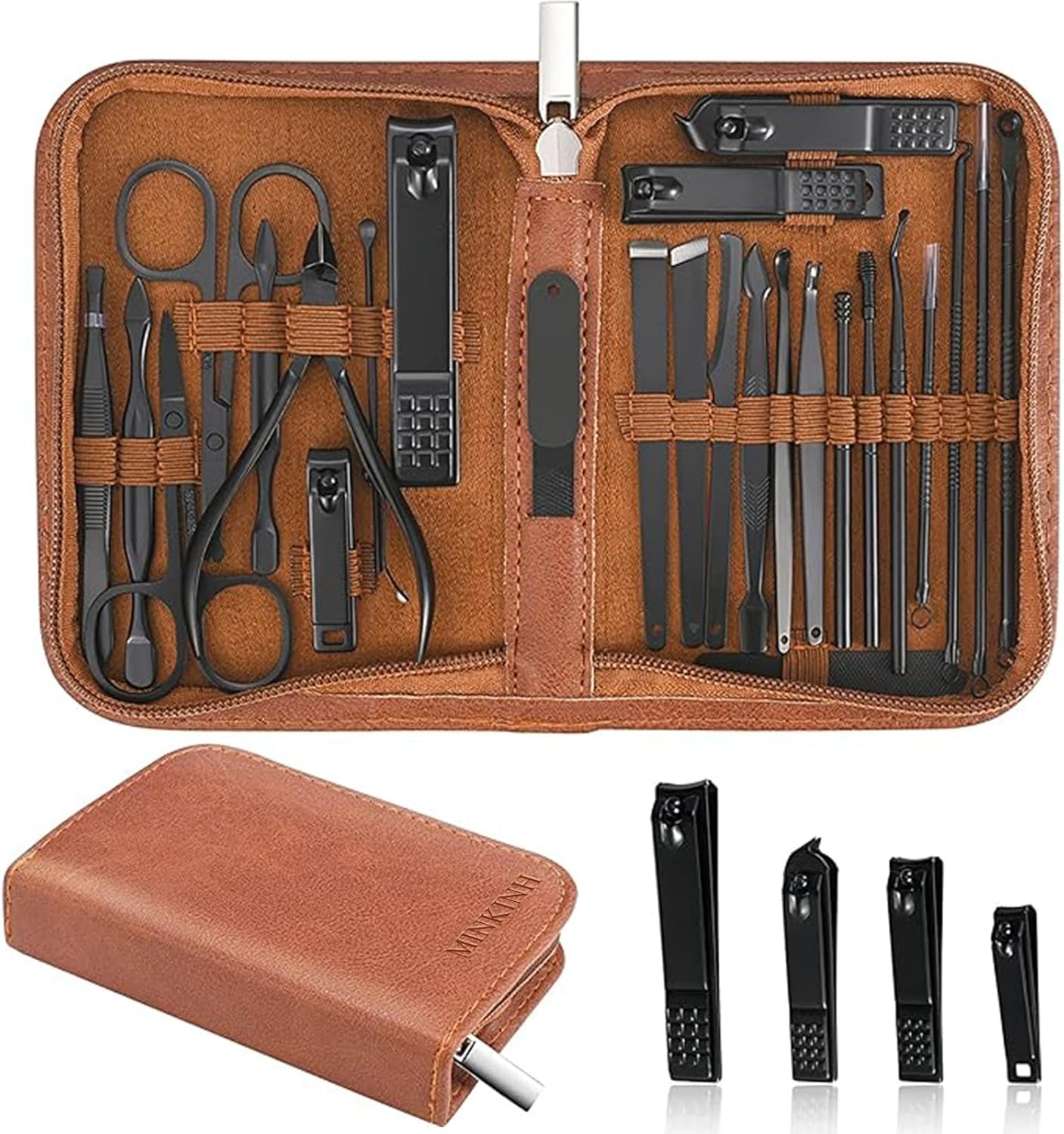 MINKINH 26-Piece Professional Manicure Set in Luxurious Travel Case MINKINH Manicure Set Professional Nail Clipper Kit-26 Pieces Stainless Steel Manicure Kit,Nail Care Tools with Luxurious Travel Case (Brown)