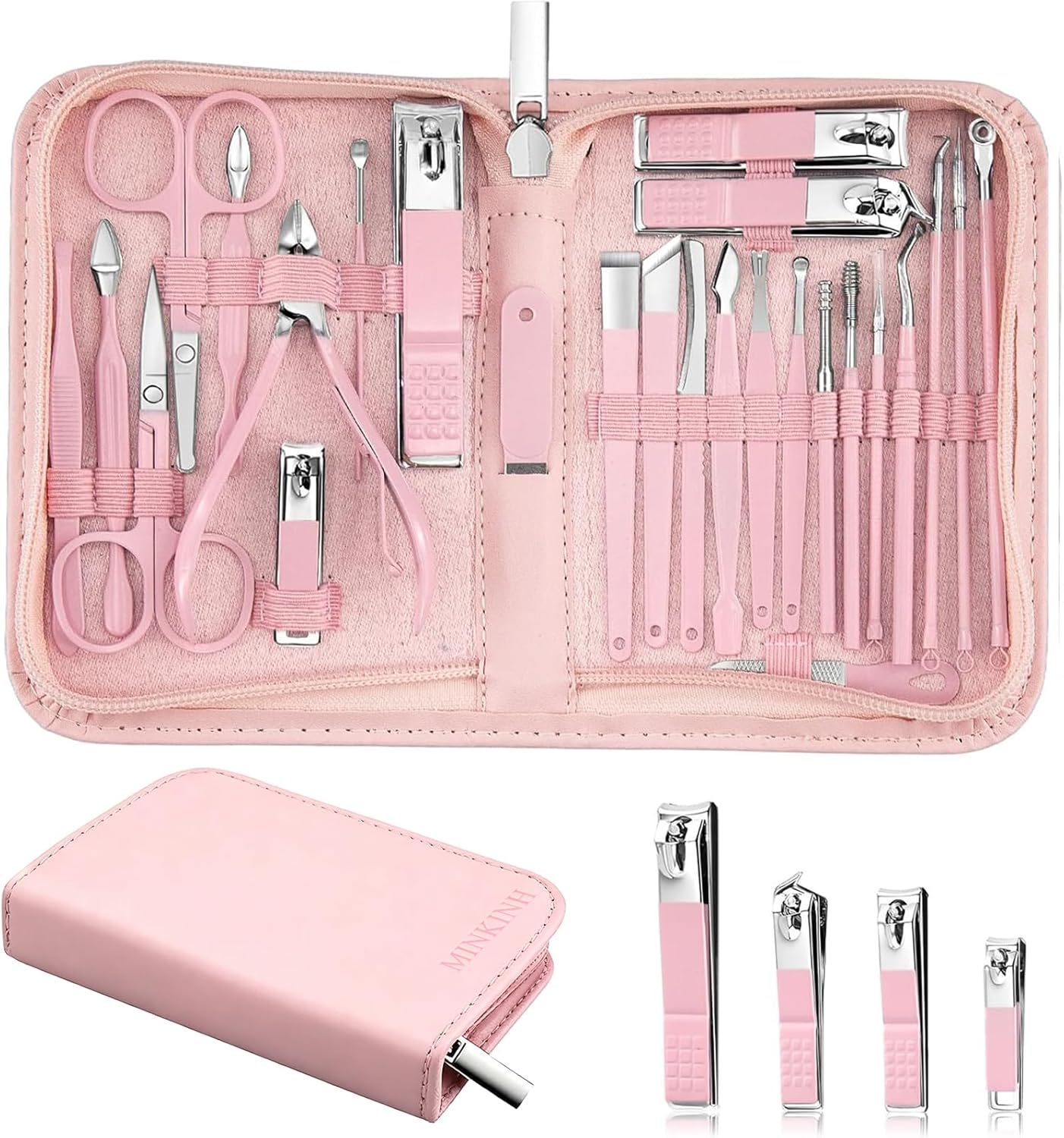 MINKINH 26-Piece Professional Manicure Set with Travel Case MINKINH 26-Piece Professional Manicure Set,Features Stainless Steel Tools, Carbon Steel Clippers & Travel Case for Women's Home and Travel Grooming(Pink)