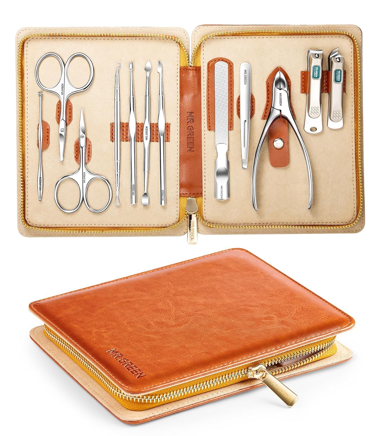 MR.GREEN 12-in-1 Stainless Steel Manicure & Pedicure Set MR.GREEN 12-in-1 Manicure & Pedicure Set – Professional German Stainless Steel Nail Clippers,Cuticle Tools & Nail Care Kit, Travel Grooming Kit for Men & Women with Leather Case (Caramel Brown))