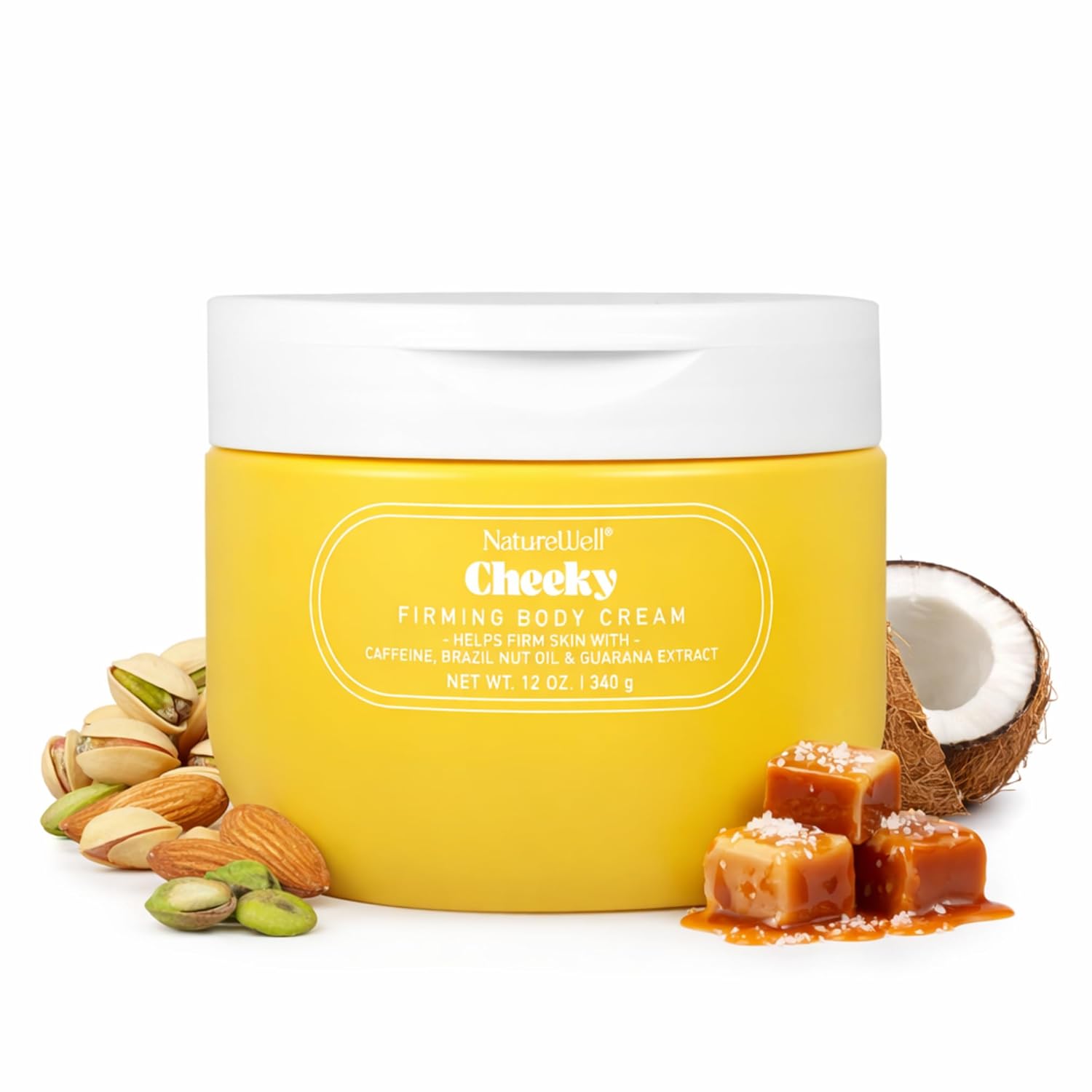 NATURE WELL Firming Body Cream: Lightweight, Moisturizing, Scented Delight. NATURE WELL Cheeky Firming & Moisturizing Body Cream, Lightweight & Quick-Absorbing Formula to Help Visibly Firm & Smooth Skin, Scented with Pistachio, Almond, Coconut, & Salted Caramel,12 Oz