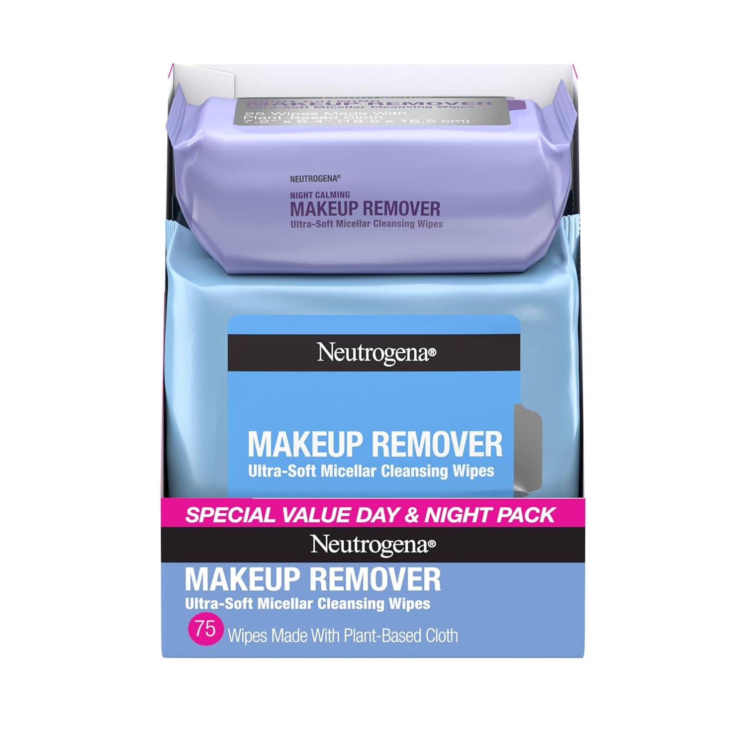 Neutrogena Facial Cleansing Wipes: Makeup Remover & Night Cloths. Neutrogena Day & Night Facial Cleansing Wipes, Makeup Remover Face Cleansing Towelettes & Night Calming Facial Cloths, 100% Plant Based Fibers Wipe Away Dirt & Oil, (3 Packs of 25)