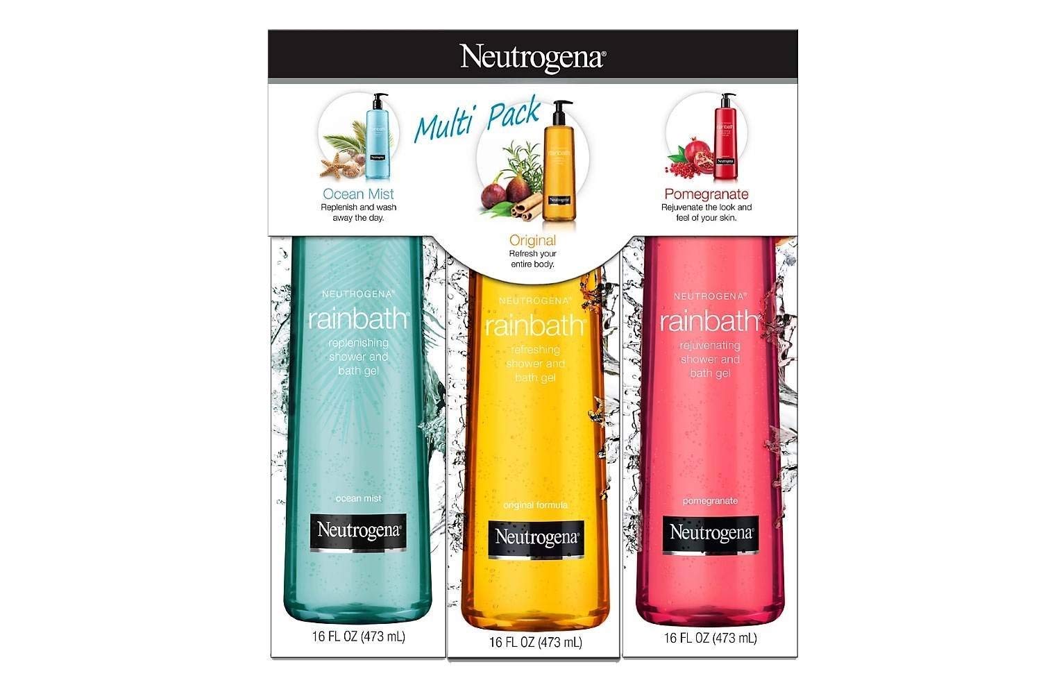 Neutrogena Rainbath Multi-Pack: Original, Pomegranate, Ocean Mist 16 fl oz. Neutrogena Rainbath Multi-Pack of 3, 1 Original Formula, 1 Pomegranate and 1 Ocean Mist, 16 fl oz bottles