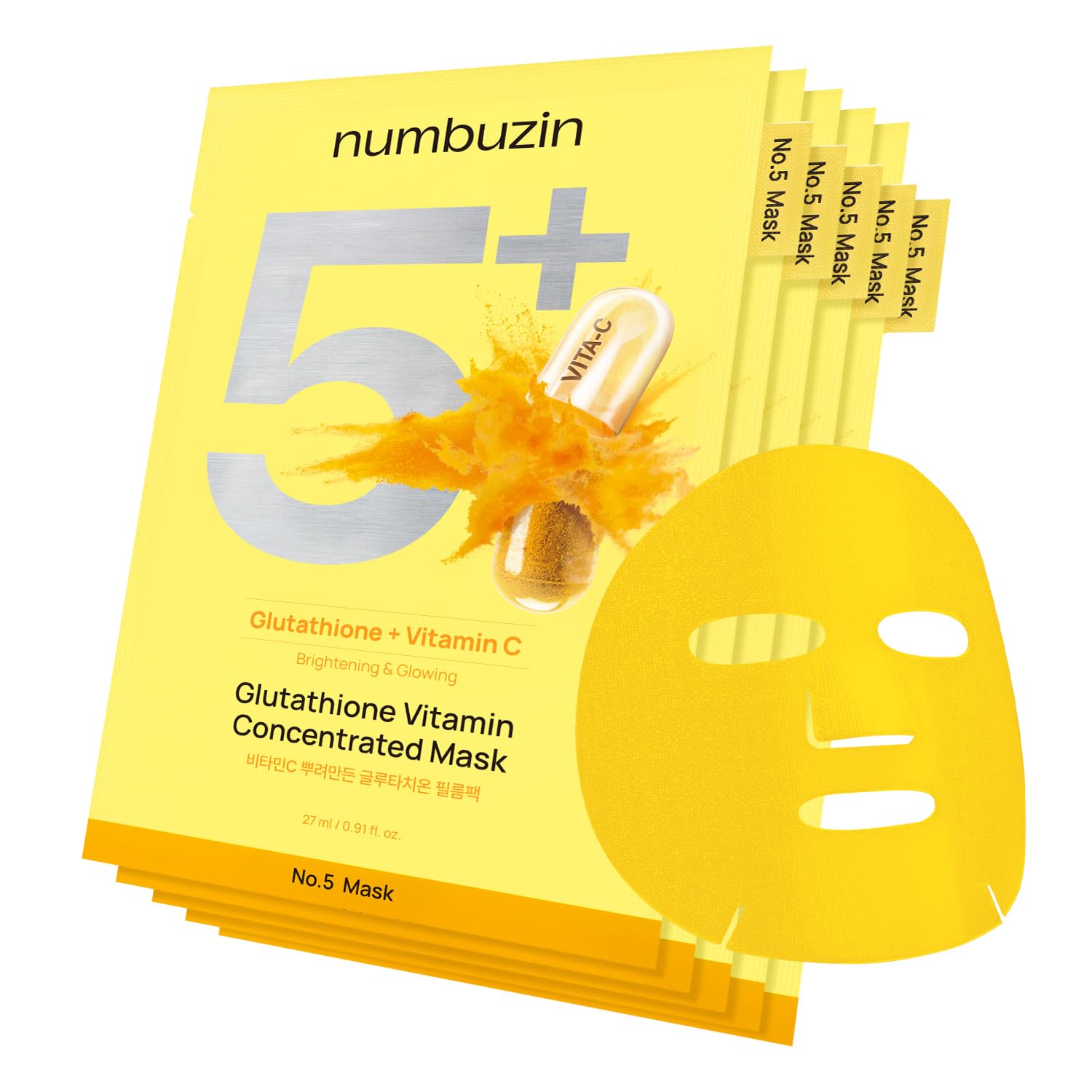 Numbuzin No.5 Vitamin C Mask: Brightens Skin & Reduces Dark numbuzin No.5 Sheet Mask | Vitamin Spotlight Sheet Mask | Glutathione and Vitamin C | Reduces Hyperpigmentation, Improves Skin Complexion | Gentle and non-irritating | 5 sheet