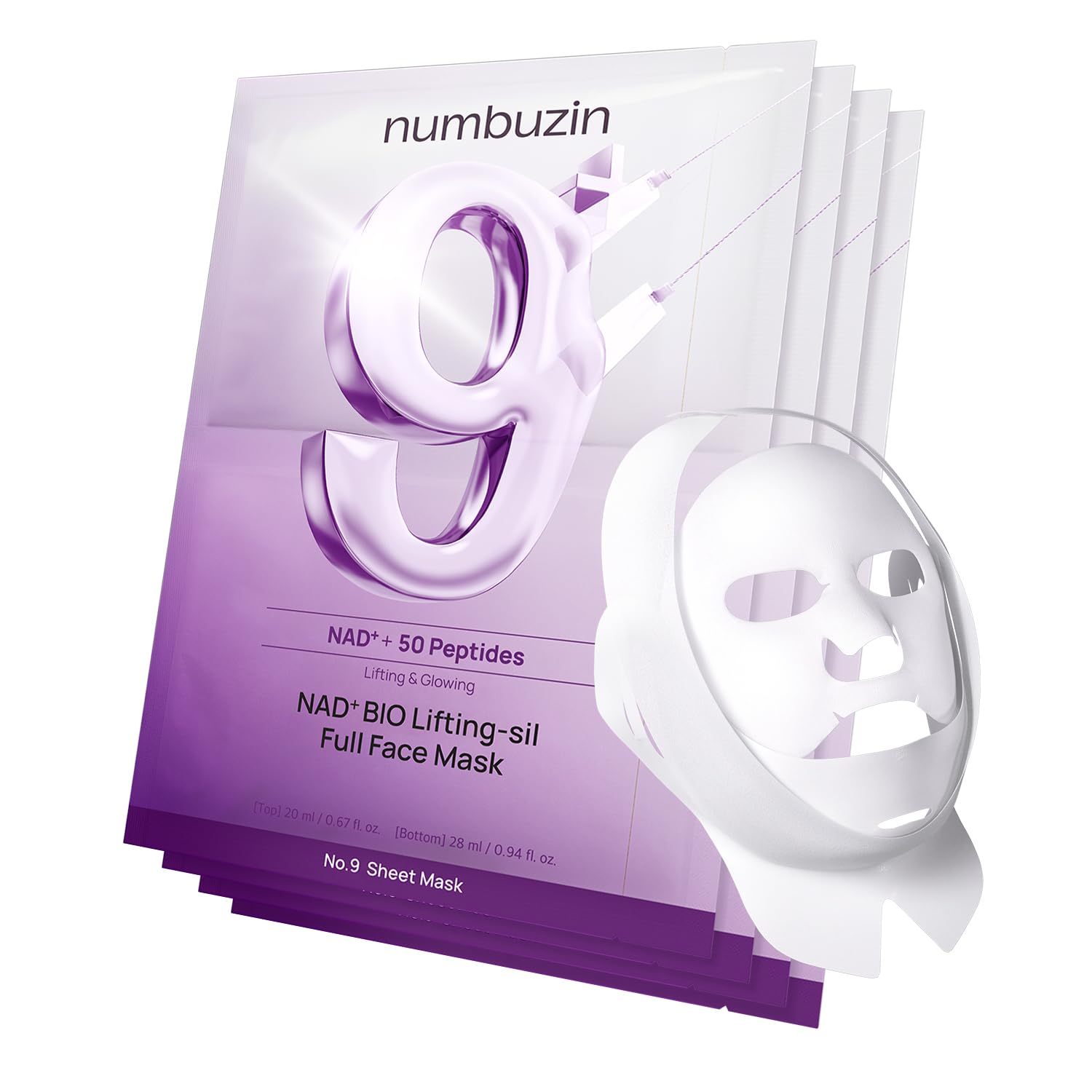 Numbuzin No.9+ NAD+ Bio Firming Face Mask Set numbuzin No.9+ NAD+ BIO Lifting Full Face Mask, Peptide & Collagen Two-Piece Firming Mask for a Smooth, Defined-Looking Skin Finish, 4 Sheets + Lifting Band
