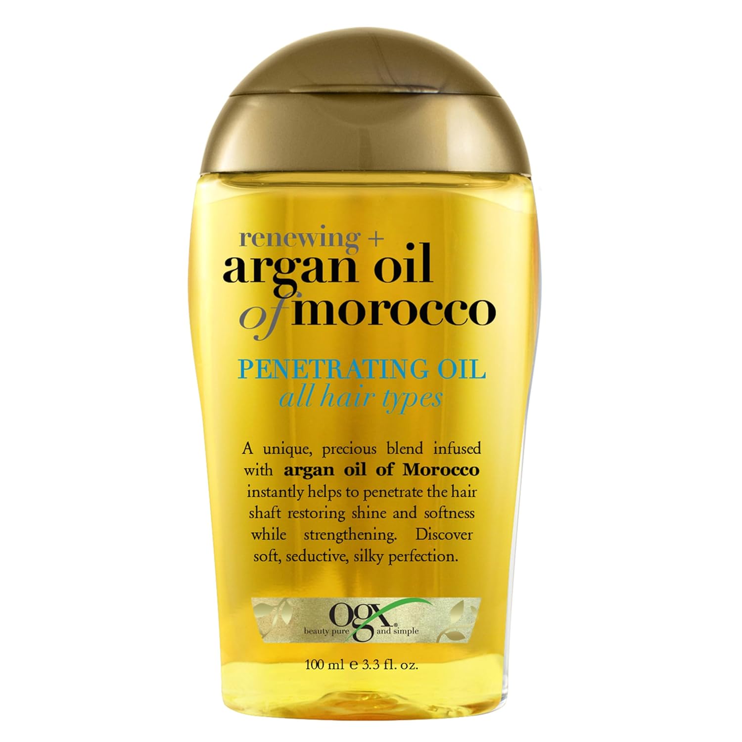 OGX Argan Oil: Moisturizing Treatment for All Hair Types OGX Renewing + Argan Oil of Morocco, Cold-Pressed Argan Oil for Hair Penetrating Treatment & Shine, Moisturizing & Strengthening Silky Oil for All Hair Types, Paraben & Sulfate Free, 3.3 fl oz