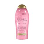 OGX Sensitive + Rose Water & Pink Sea Salt Exfoliating Body Scrub + Rose Quartz, Gentle Exfoliating Daily Body Wash Softens Skin, Body Scrub for Women, Sulfate-Free Surfactants, 19.5 fl oz
