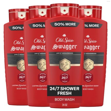 Old Spice Refreshing Body Wash for Men, 3X Defense, 24/7 Shower Fresh with Long Lasting Scent, Red Collection, Swagger with Cedarwood Scent, 24 oz (Pack of 4)