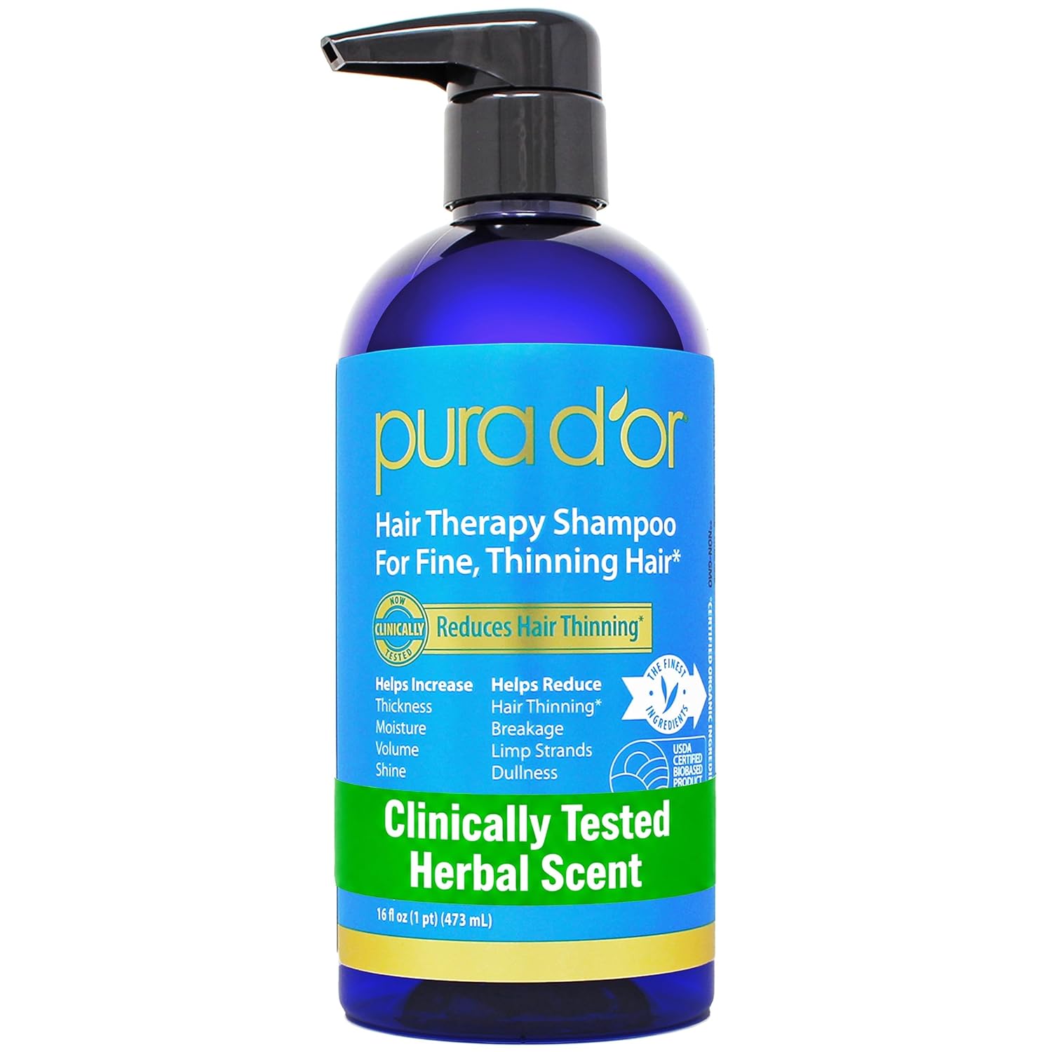 PURA D'OR Biotin Shampoo: Clinically Tested Hair Thickening Solution PURA D'OR Hair Thinning Therapy Biotin Shampoo - CLINICALLY TESTED Effective Results, Herbal Blend Hair Thickening Products For Women & Men, Color Safe Routine Shampoo, Herbal Scent 16 Fl Oz