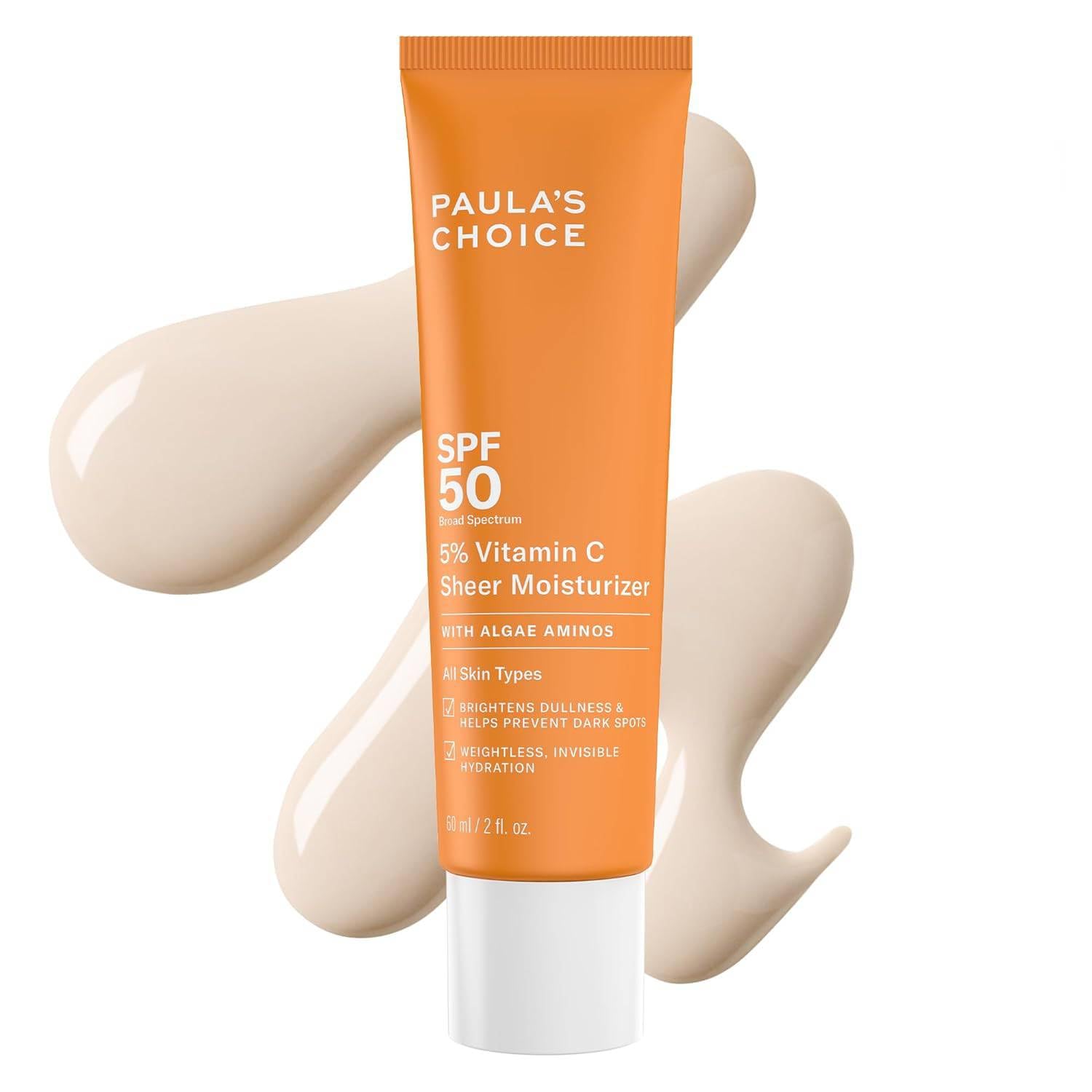 Paula's Choice 5% Vitamin C SPF 50 Sunscreen for Face Paula's Choice 5% Vitamin C Sheer Sunscreen for Face, SPF 50 Face Sunscreen, Moisturizing, Lightweight Invisible, Prevents Dark Spots, No Cast, All Skin Types, UVA/UVB Protection, Fragrance-Free, 2oz
