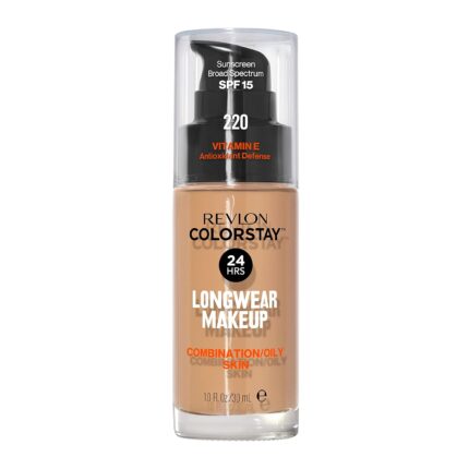 Revlon Liquid Foundation, ColorStay Face Makeup for Combination & Oily Skin, SPF 15, Medium-Full Coverage with Matte Finish, 220 Natural Beige, 1 Fl Oz