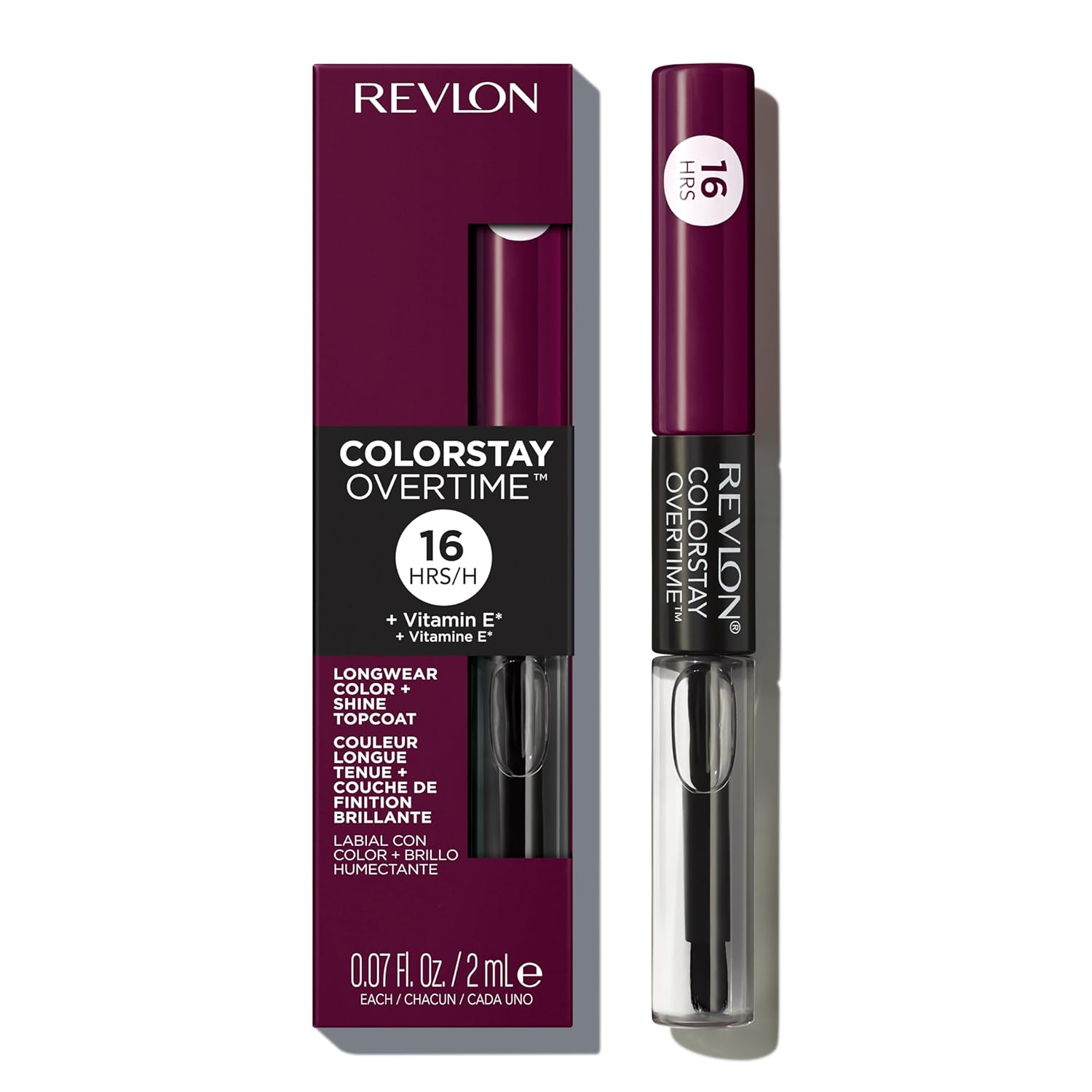 Revlon ColorStay Overtime Lipstick: Long-lasting, Dual-ended, Moisturizing. Revlon ColorStay Overtime Liquid Lipstick with Clear Lip Gloss, Long-Lasting Lip Color, Dual Ended with Moisturizing Vitamin E, 500 Limitless Black Cherry, 0.07 fl oz