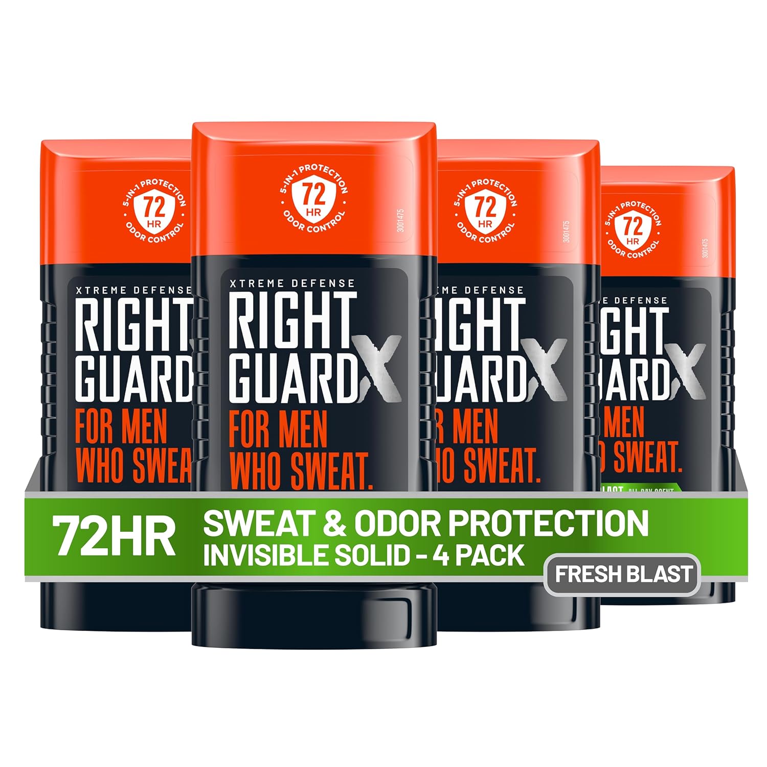 Right Guard Xtreme Defense Antiperspirant, 72-Hour Fresh Blast, 4-Pack Right Guard Xtreme Defense Invisible Solid Antiperspirant Deodorant, Fresh Blast Scent - 5-in-1 Deodorant Men Can Trust, 72-Hour Odor Control, 2.6 oz (4 Pack)
